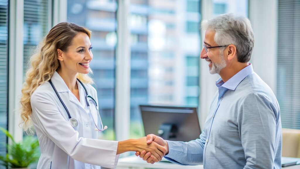 Female doctor shaking hand with male business professional