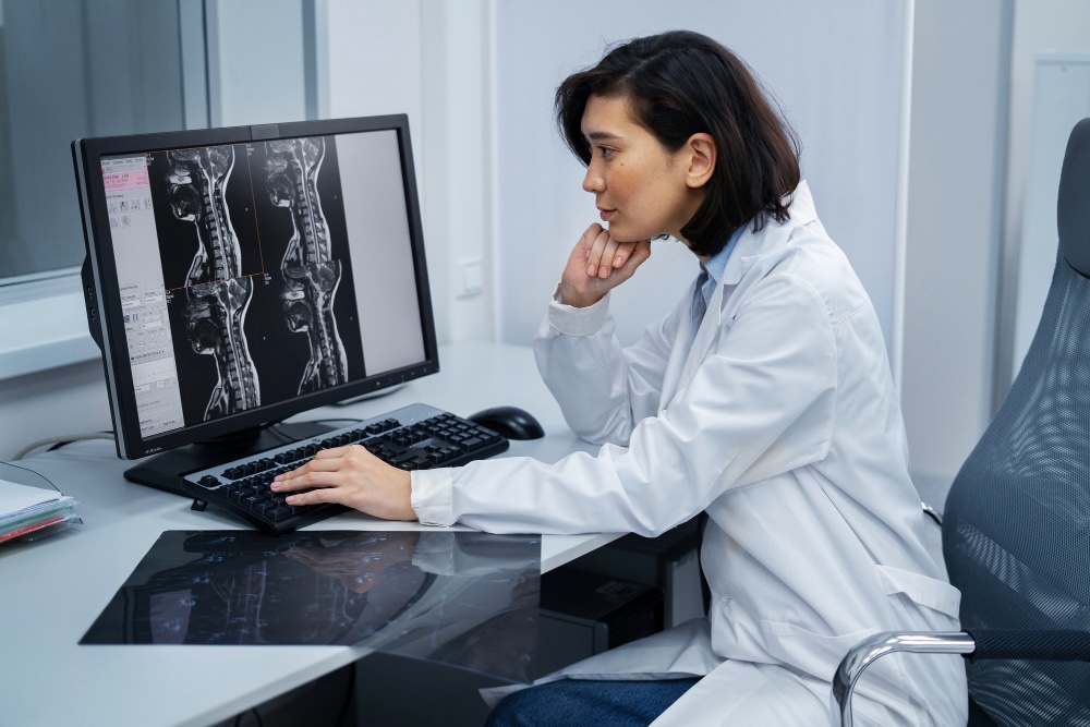 A female x ray technologist looking at x rays on a computer.