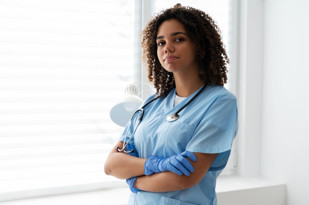 Travel healthcare worker in scrubs standing in front of a window